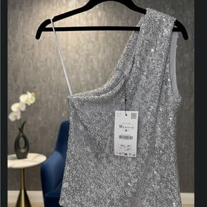 Zara Silver Sequin One-Shoulder Blouse